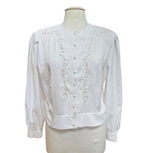 Pierre Cardin Womens M Vtg White Pearl Cord Accent Button Up‎ Old Money Academia
